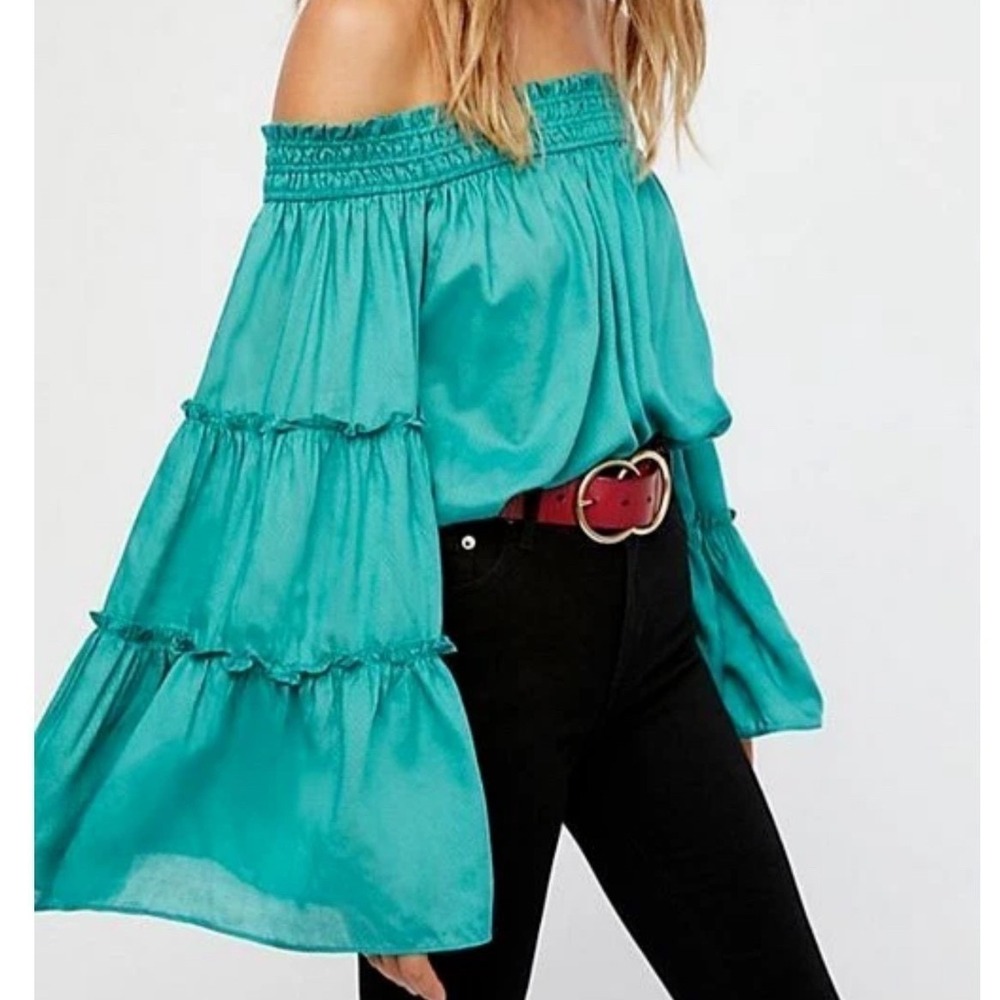 Free People Teal Green Smocked Off The Shoulder Tiered Bell Sleeve Boho Top XS